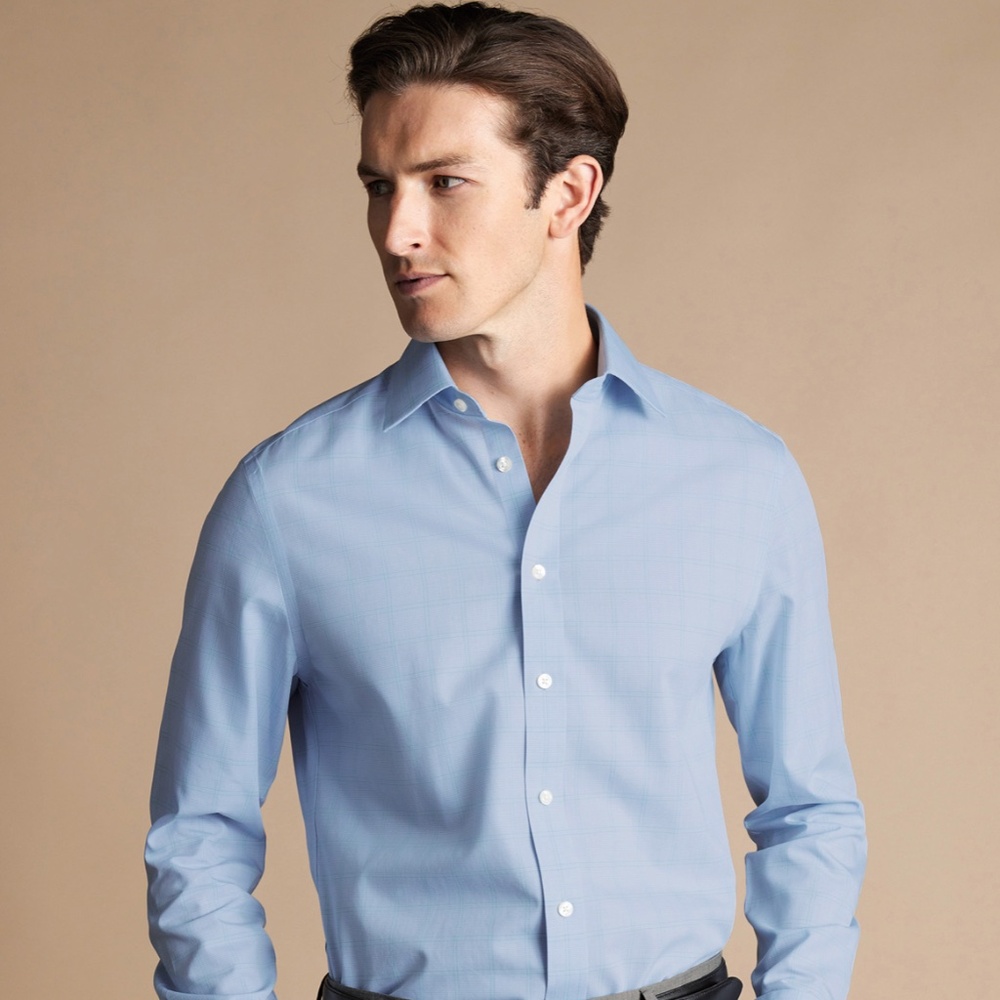 Charles Tyrwhitt Mens Non-Iron Prince Of Wales Poplin Shirt - Light Blue - 15/32